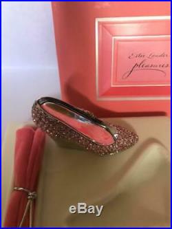 1996 Estee Lauder PLEASURES PINK GLASS SLIPPER Solid Perfume Compact ORIG BOX
