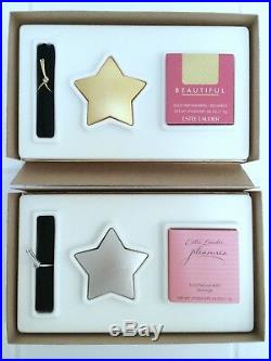 ESTEE LAUDER TWO SILVER & GOLD STARS SOLID PERFUME COMPACT in Orig. BOXES RARE