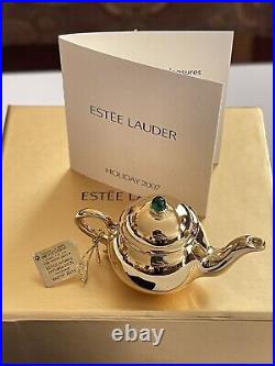 FULL Estee Lauder PLEASURES GOLD LITTLE TEAPOT Solid Perfume Compact TAG Boxed
