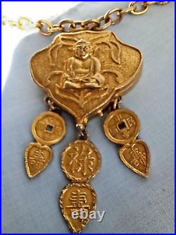 Vintage Estee Lauder Blue Nights Buddha Compact Pendant Gold Tone Chain Necklace