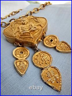 Vintage Estee Lauder Blue Nights Buddha Compact Pendant Gold Tone Chain Necklace