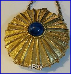 Vintage Estee Lauder Perfume Compact Necklace Gold Tone Cabochon Blue Stone