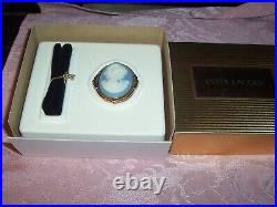Vintage Estee Lauder Solid perfume compact Cameo Blue/White WITH BOX AND BAG